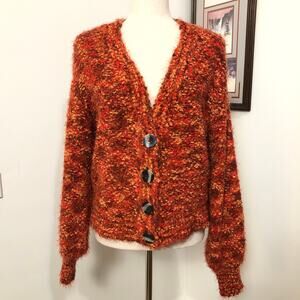 Textured Boucle Knit Button Front Cardigan Rust Orange Brown Small Soft Grunge